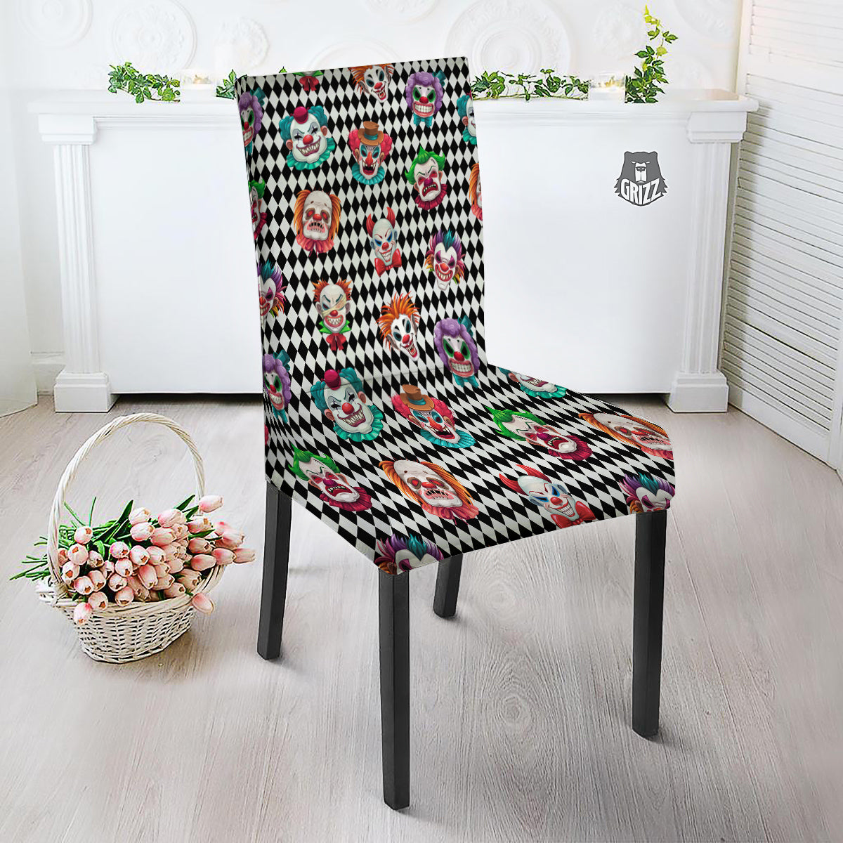 Clown Faces And Harlequin Black Print Pattern Dining Chair Slipcover-grizzshop