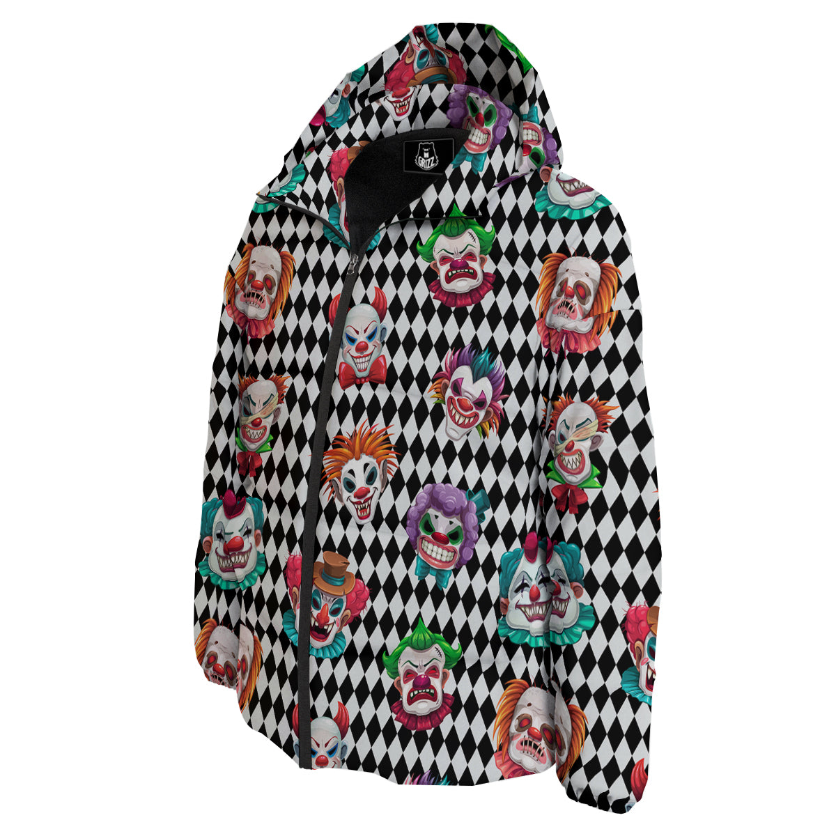 Clown Faces And Harlequin Black Print Pattern Down Jacket-grizzshop