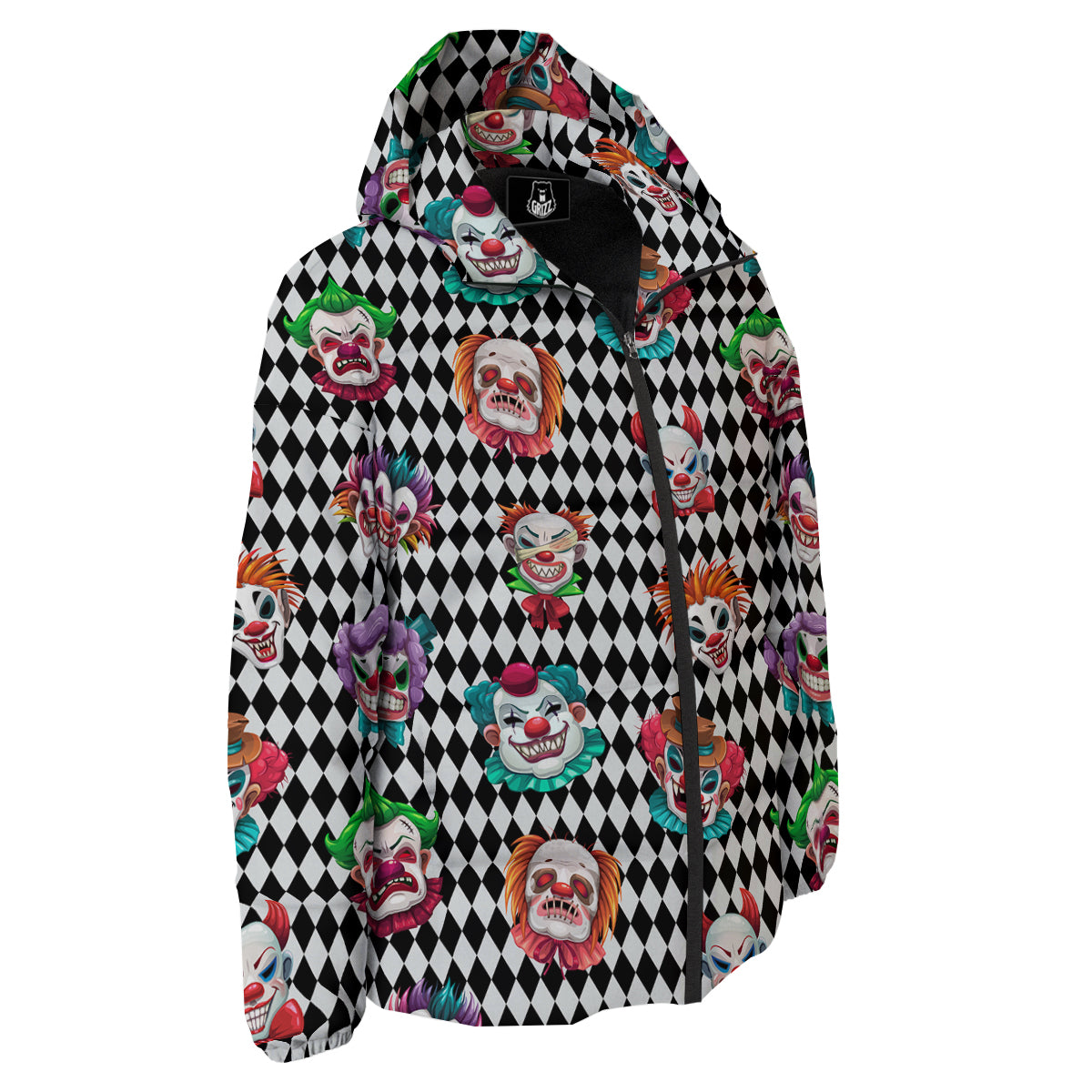 Clown Faces And Harlequin Black Print Pattern Down Jacket-grizzshop