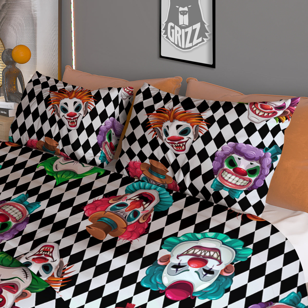 Clown Faces And Harlequin Black Print Pattern Duvet Cover Bedding Set