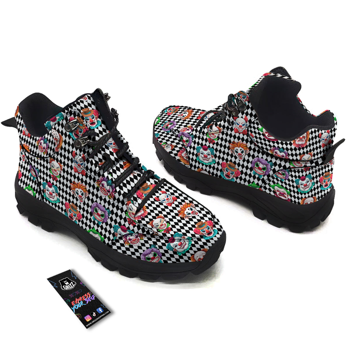 Clown Faces And Harlequin Black Print Pattern Hiking Shoes-grizzshop