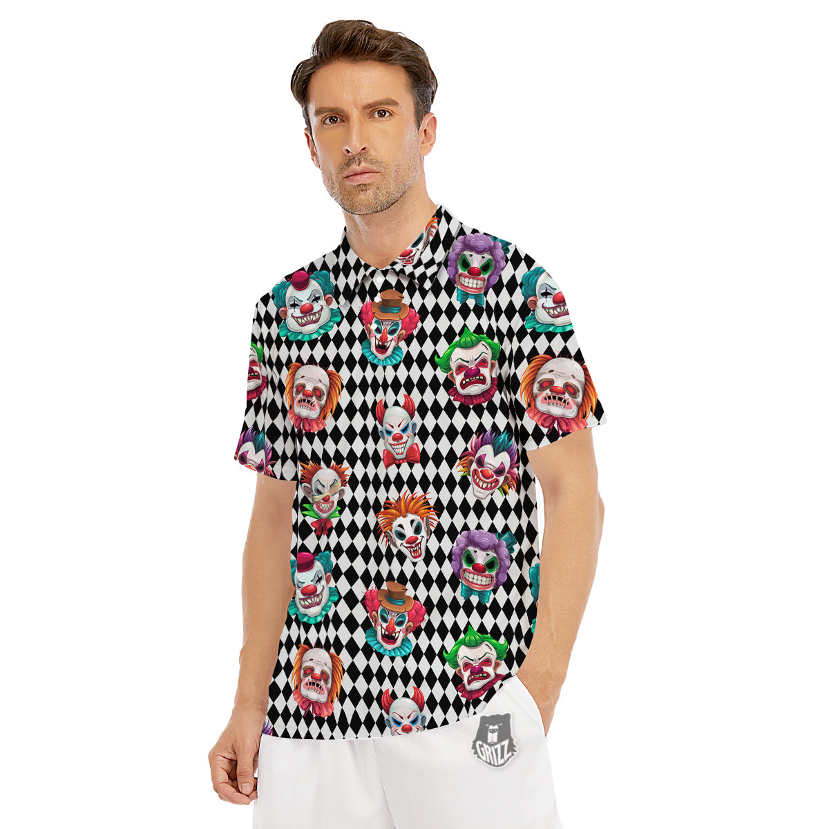 Clown Faces And Harlequin Black Print Pattern Men's Golf Shirts-grizzshop