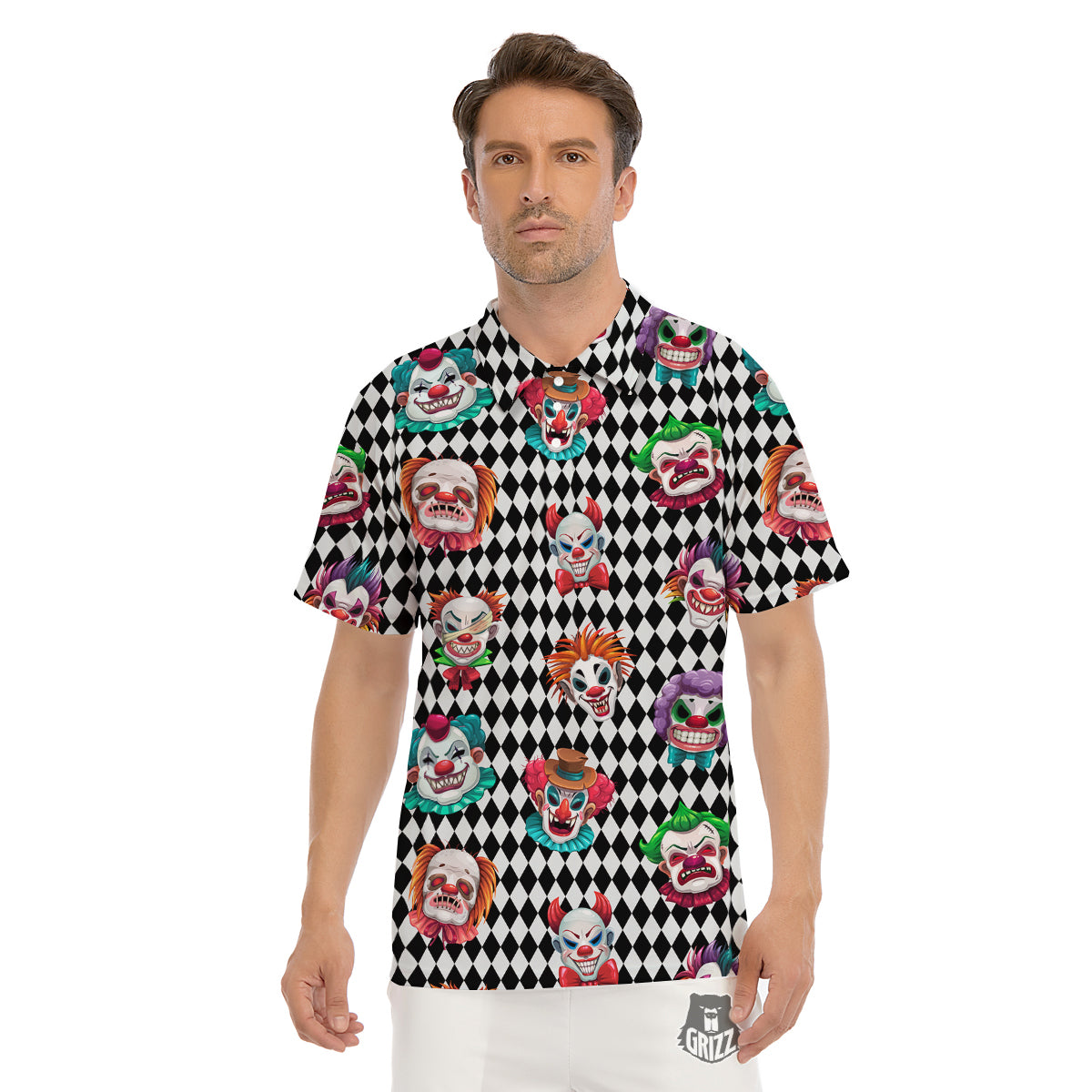 Clown Faces And Harlequin Black Print Pattern Men's Golf Shirts-grizzshop