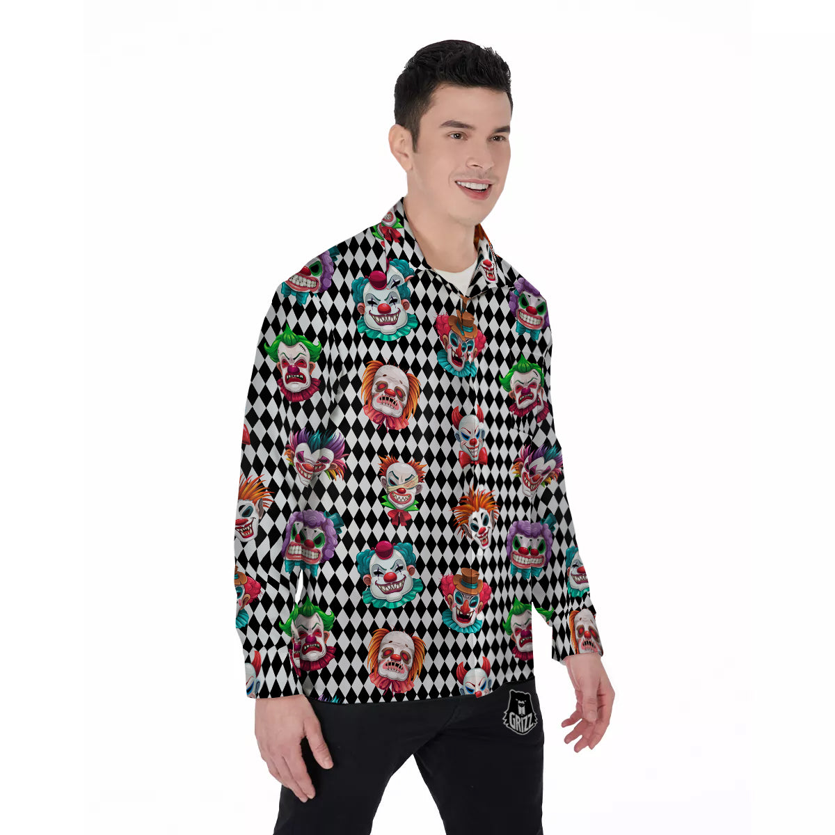 Clown Faces And Harlequin Black Print Pattern Men's Long Sleeve Shirts-grizzshop