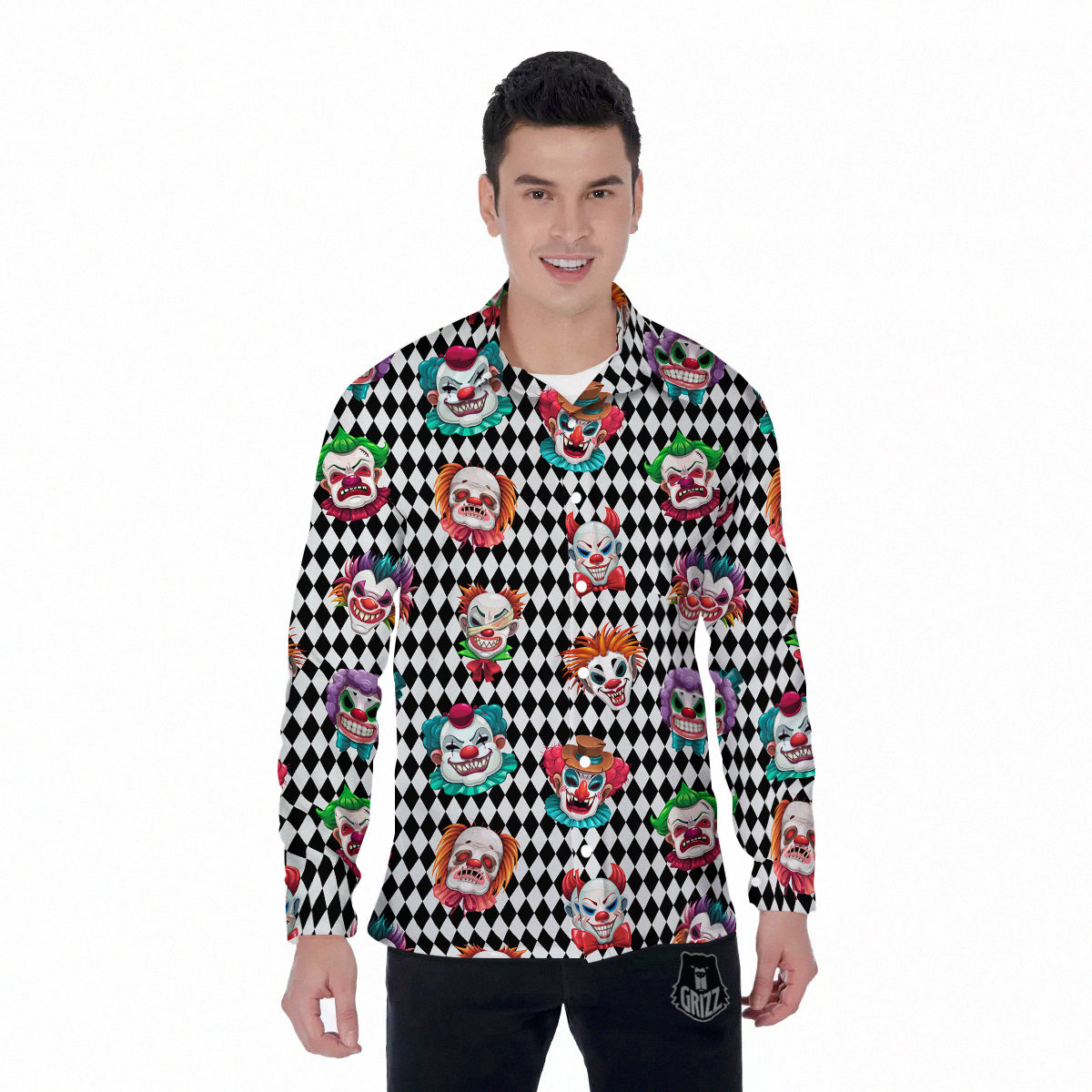 Clown Faces And Harlequin Black Print Pattern Men's Long Sleeve Shirts-grizzshop