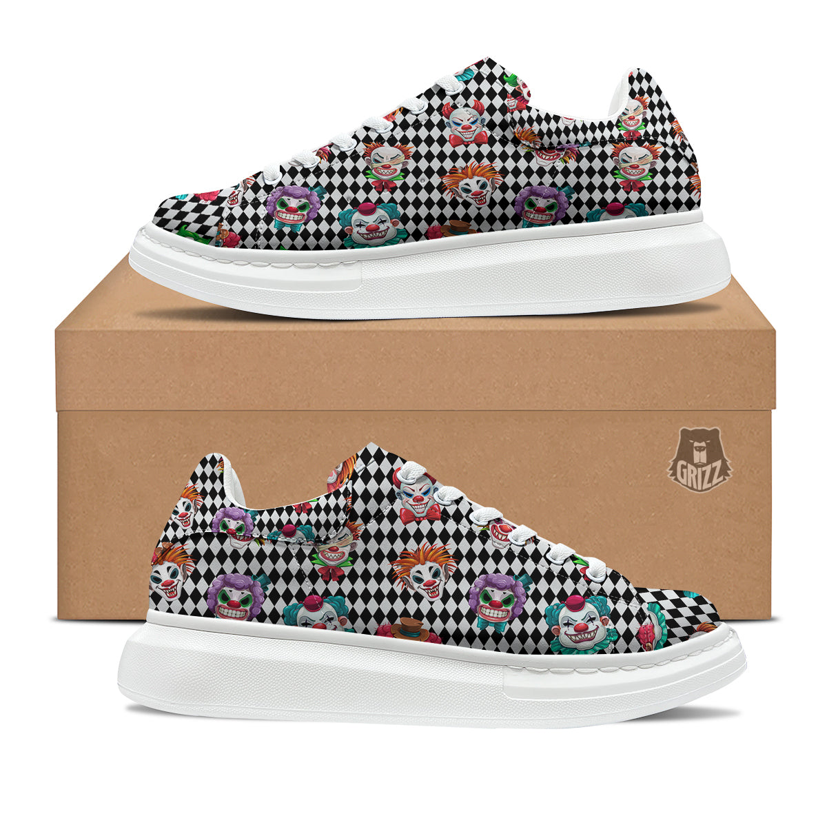 Clown Faces And Harlequin Black Print Pattern Platform Shoes-grizzshop
