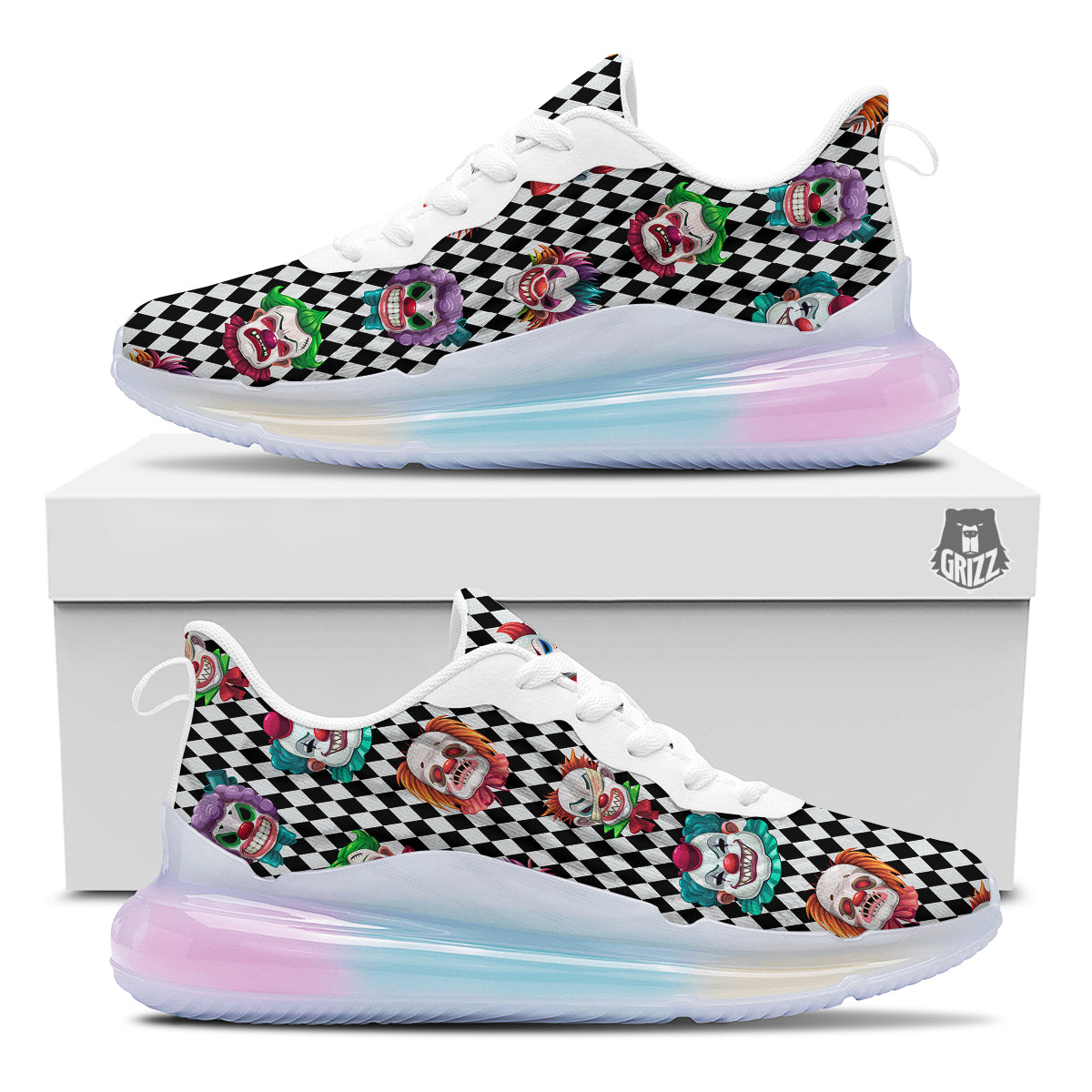 Clown Faces And Harlequin Black Print Pattern Running Sneakers-grizzshop