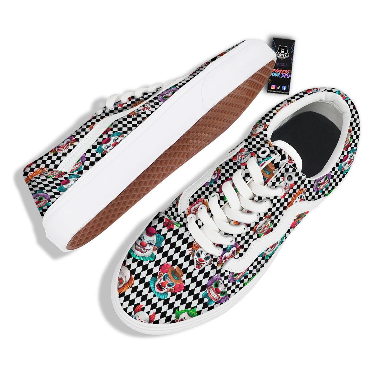 Clown Faces And Harlequin Black Print Pattern Skate Shoes-grizzshop