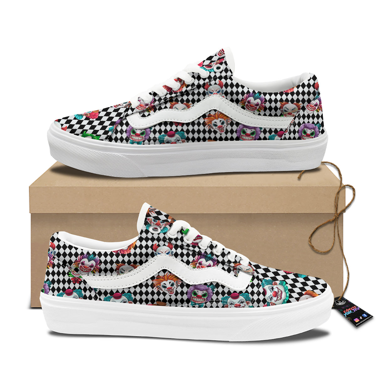 Clown Faces And Harlequin Black Print Pattern Skate Shoes-grizzshop
