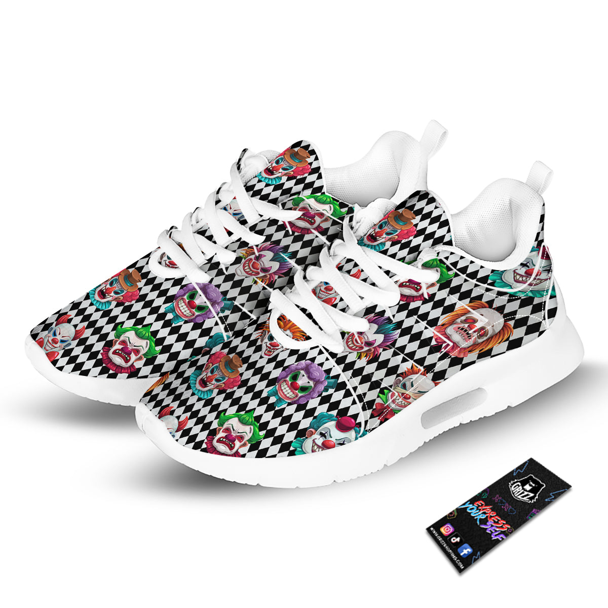 Clown Faces And Harlequin Black Print Pattern Tennis Shoes-grizzshop