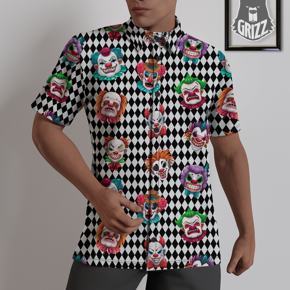 Clown Faces And Harlequin Black Print Pattern Untucked Shirts-grizzshop