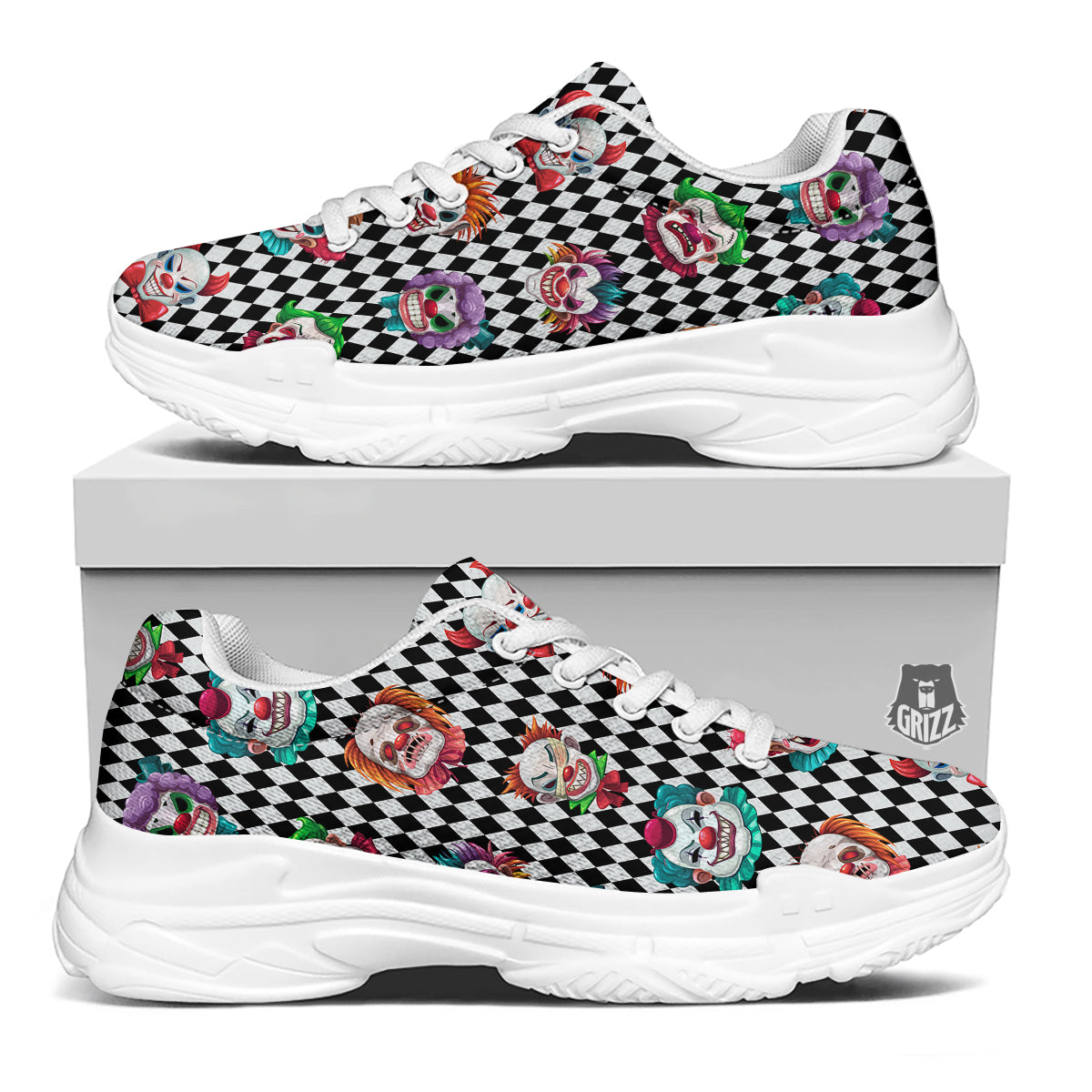 Clown Faces And Harlequin Black Print Pattern White Chunky Shoes-grizzshop