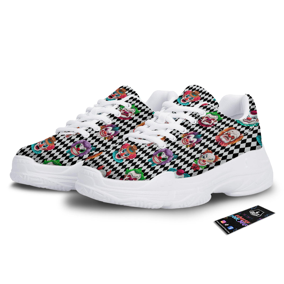 Clown Faces And Harlequin Black Print Pattern White Chunky Shoes-grizzshop