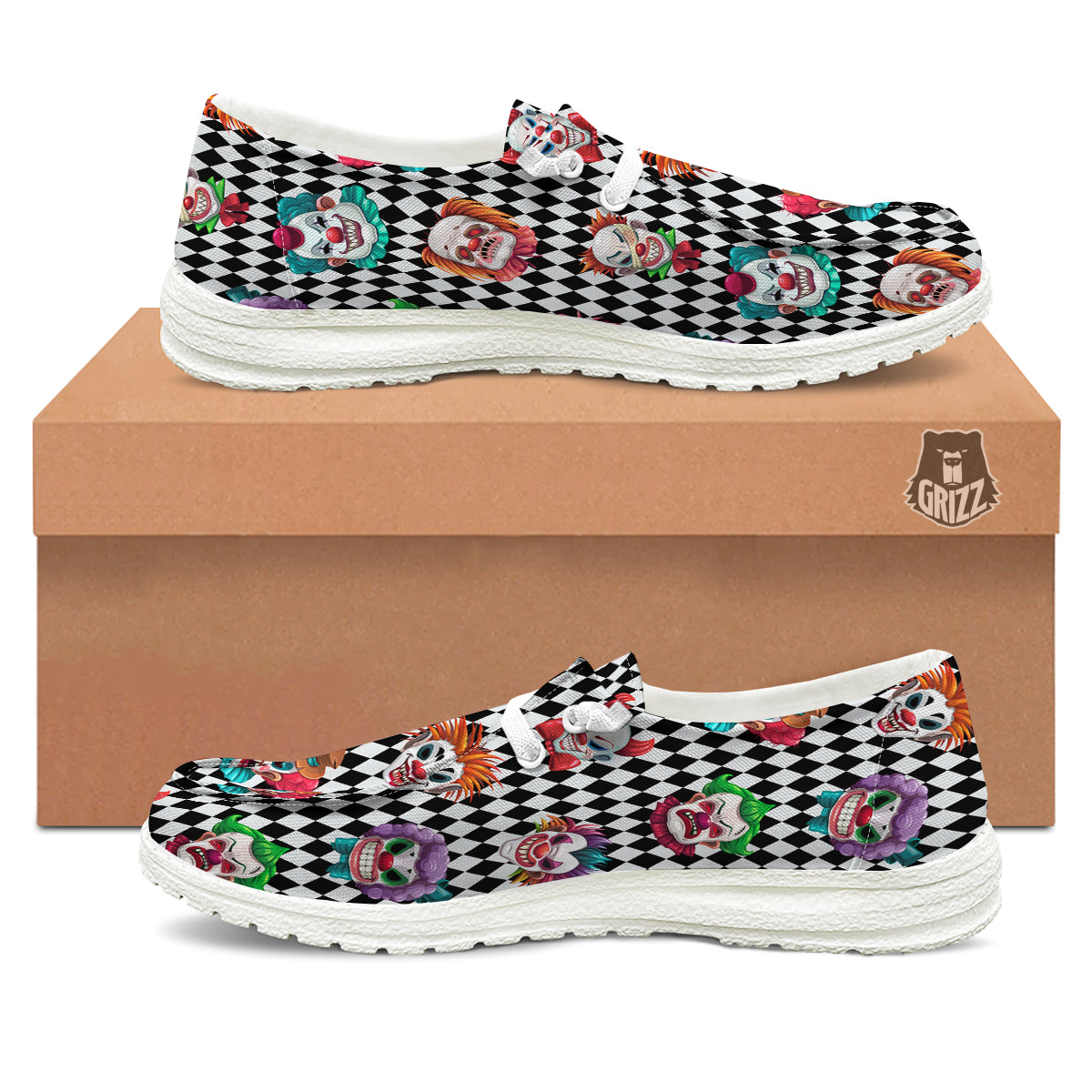Clown Faces And Harlequin Black Print Pattern White Loafers-grizzshop
