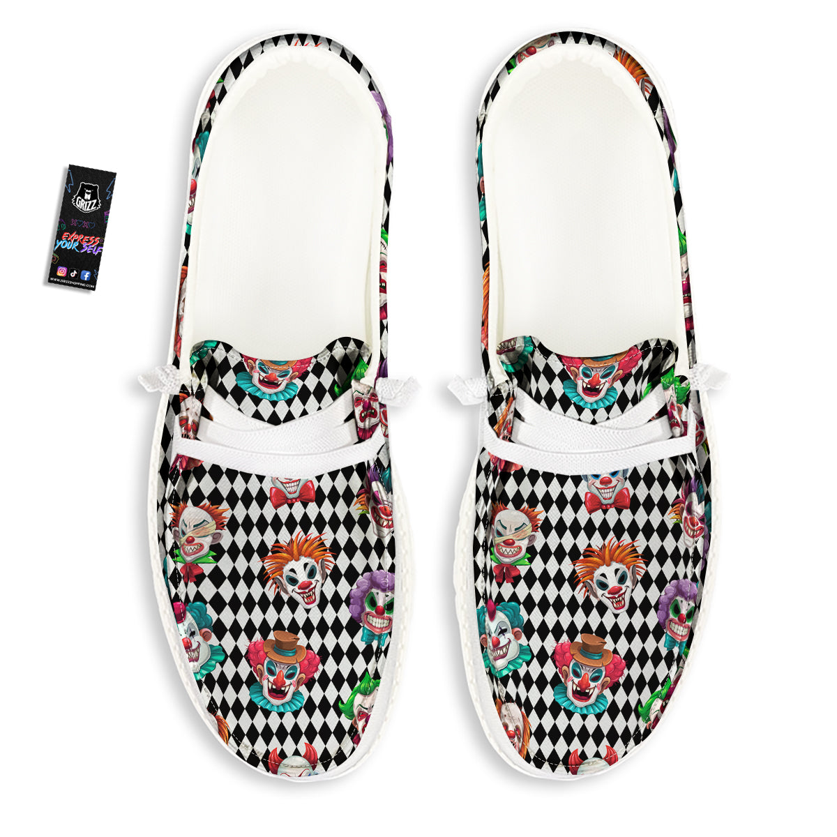 Clown Faces And Harlequin Black Print Pattern White Loafers-grizzshop