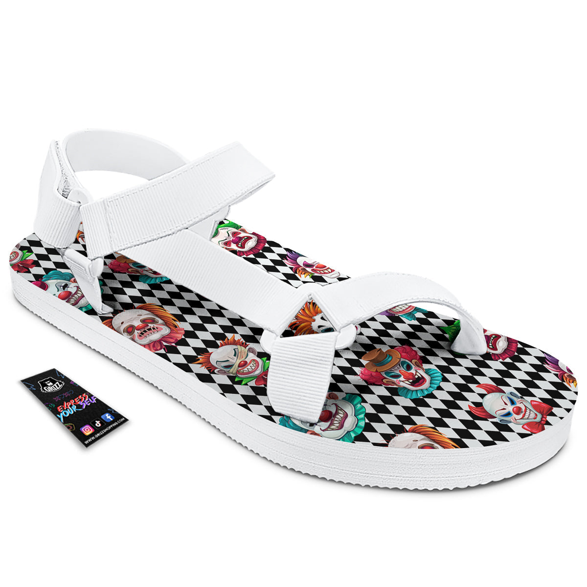 Clown Faces And Harlequin Black Print Pattern White Open Toe Sandals-grizzshop
