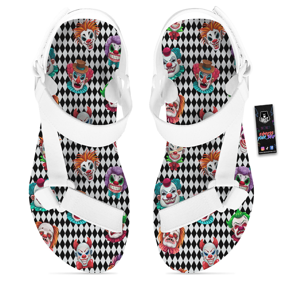 Clown Faces And Harlequin Black Print Pattern White Open Toe Sandals-grizzshop
