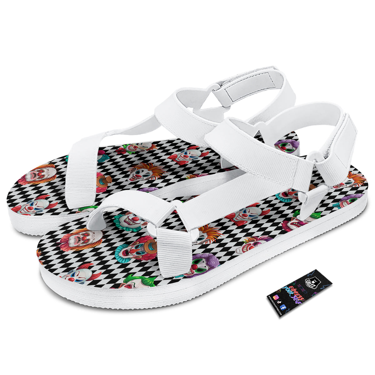Clown Faces And Harlequin Black Print Pattern White Open Toe Sandals-grizzshop