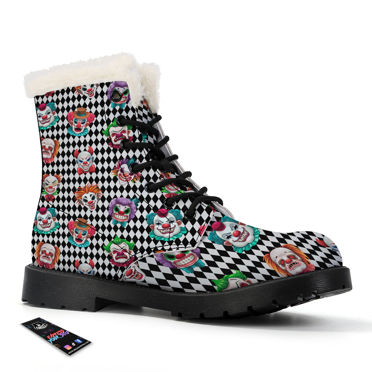 Clown Faces And Harlequin Black Print Pattern Winter Boots-grizzshop