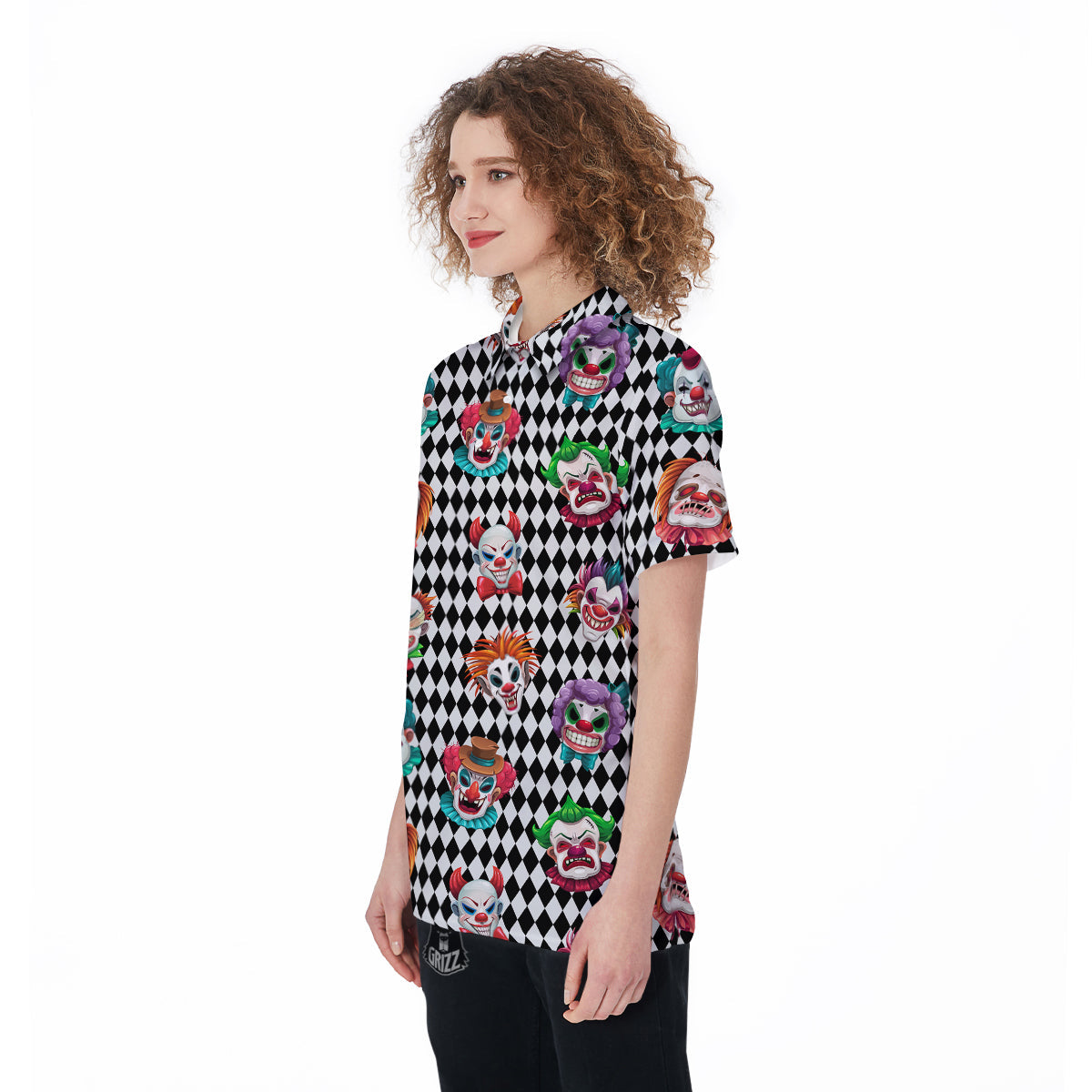 Clown Faces And Harlequin Black Print Pattern Women's Golf Shirts-grizzshop
