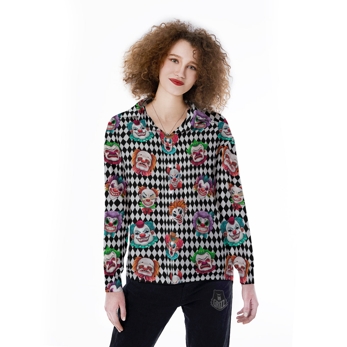 Clown Faces And Harlequin Black Print Pattern Women's Long Sleeve Shirts-grizzshop