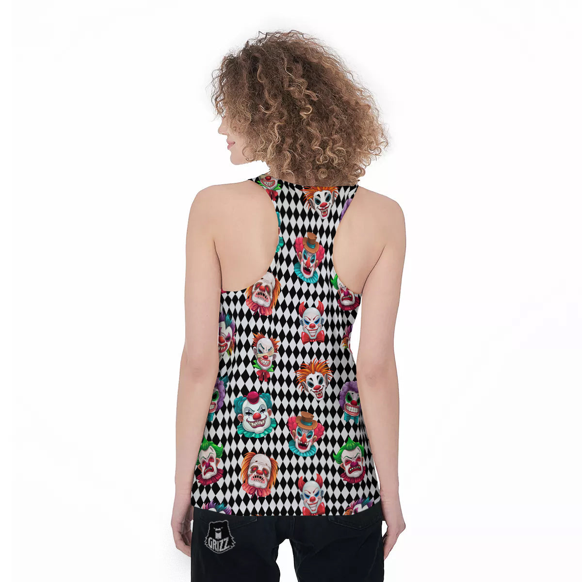 Clown Faces And Harlequin Black Print Pattern Women's Racerback Tank Top-grizzshop