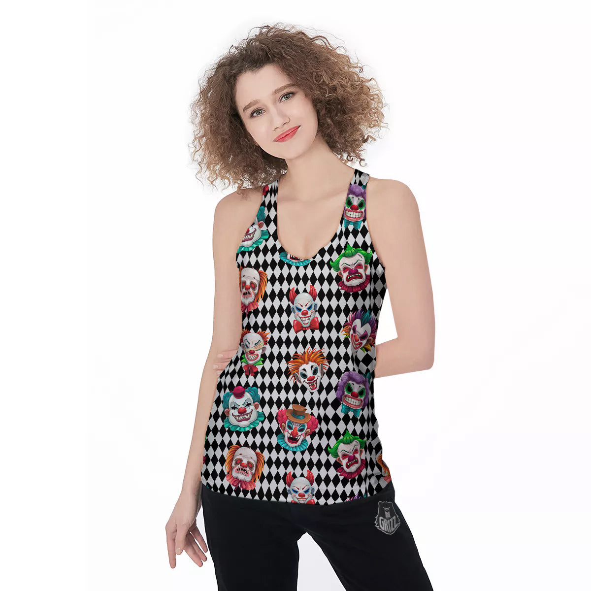 Clown Faces And Harlequin Black Print Pattern Women's Racerback Tank Top-grizzshop