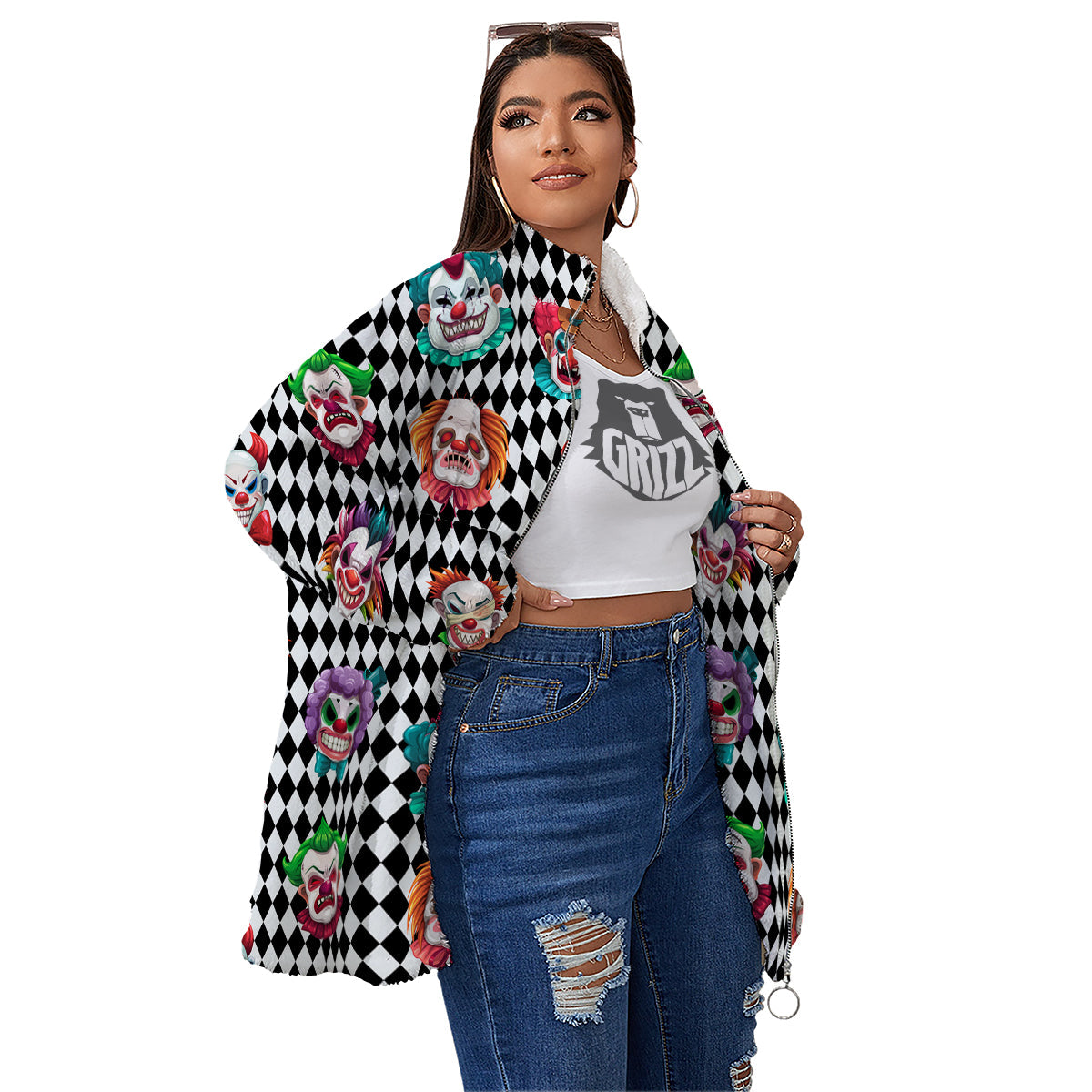 Clown Faces And Harlequin Black Print Pattern Women's Sherpa Jacket-grizzshop