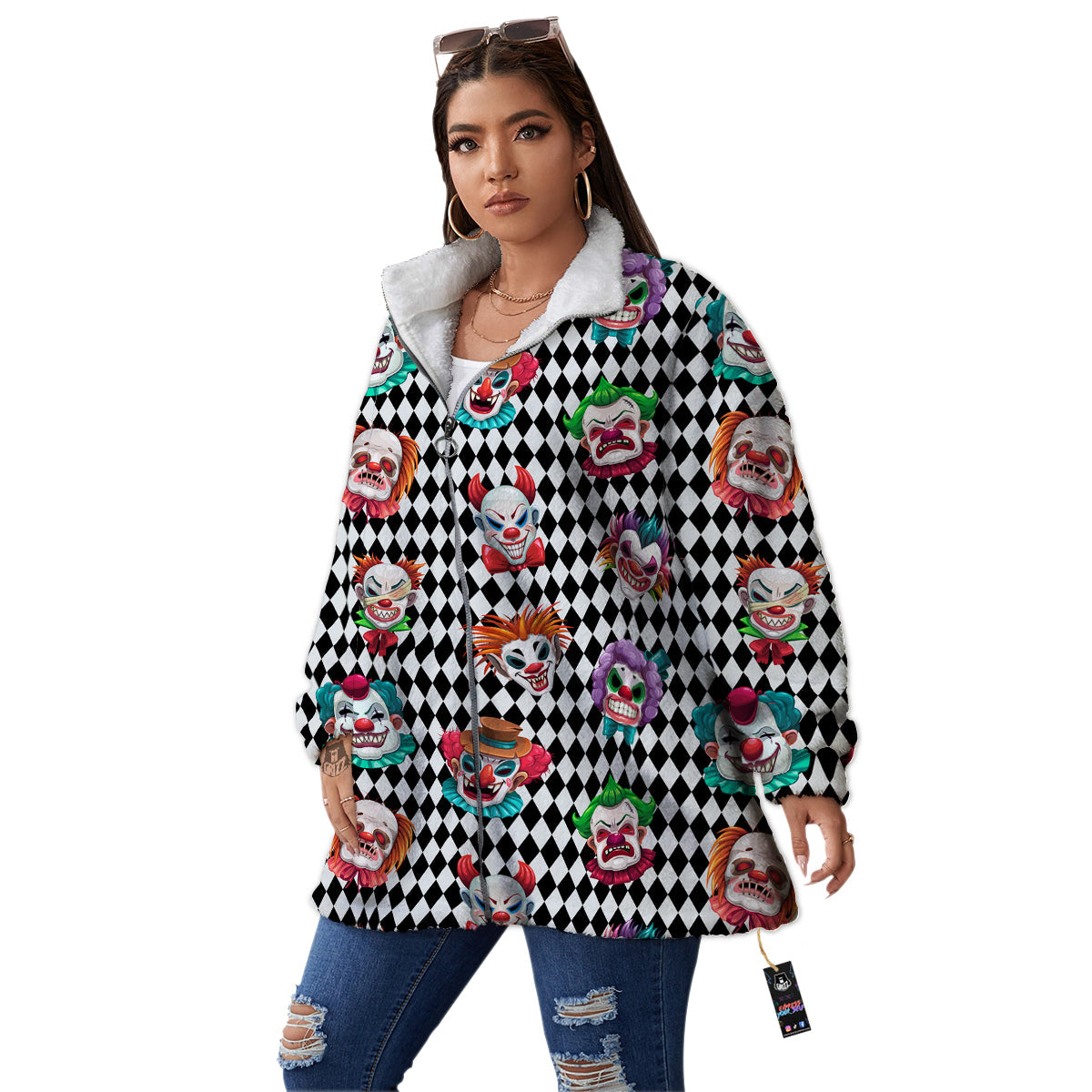 Clown Faces And Harlequin Black Print Pattern Women's Sherpa Jacket-grizzshop