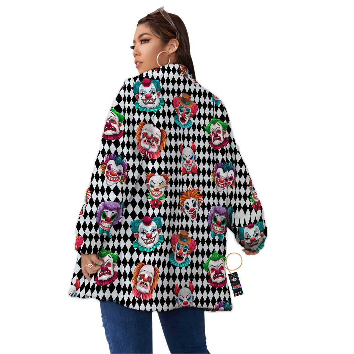Clown Faces And Harlequin Black Print Pattern Women's Sherpa Jacket-grizzshop