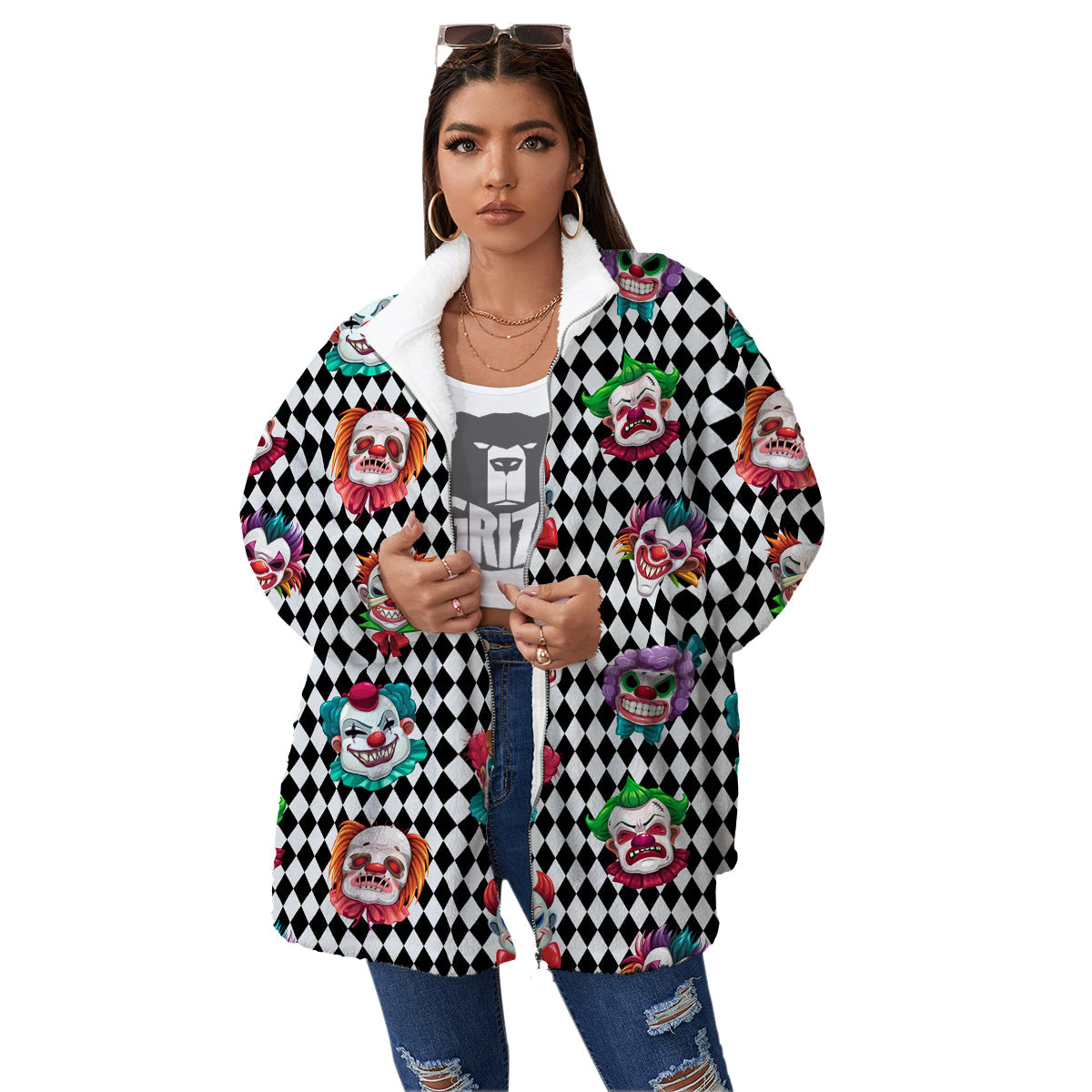 Clown Faces And Harlequin Black Print Pattern Women's Sherpa Jacket-grizzshop
