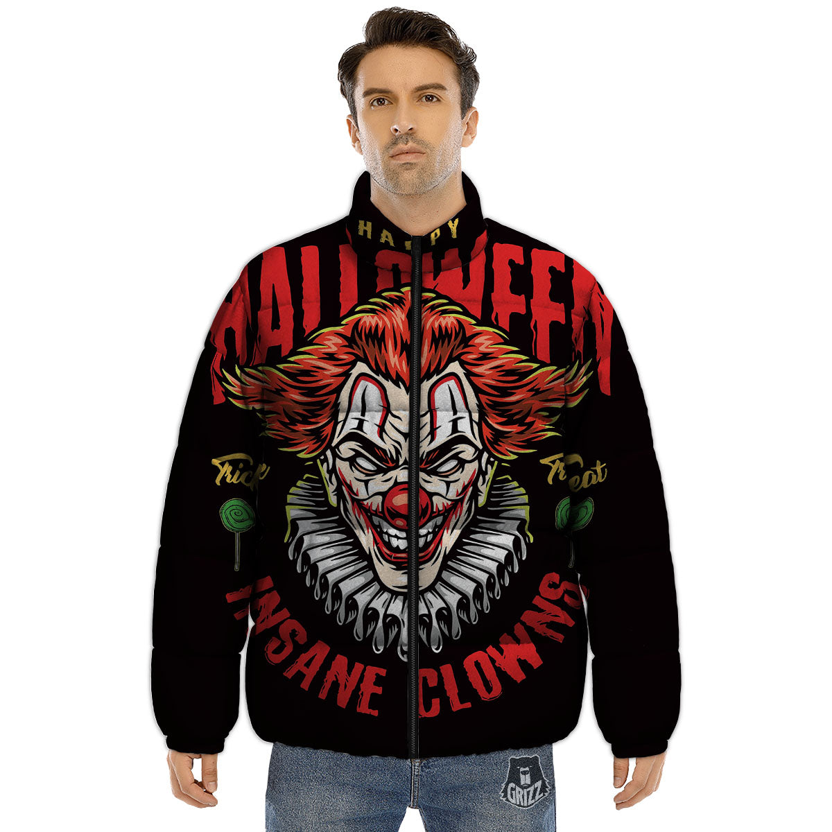 Clown Halloween Print Puffer Jacket-grizzshop