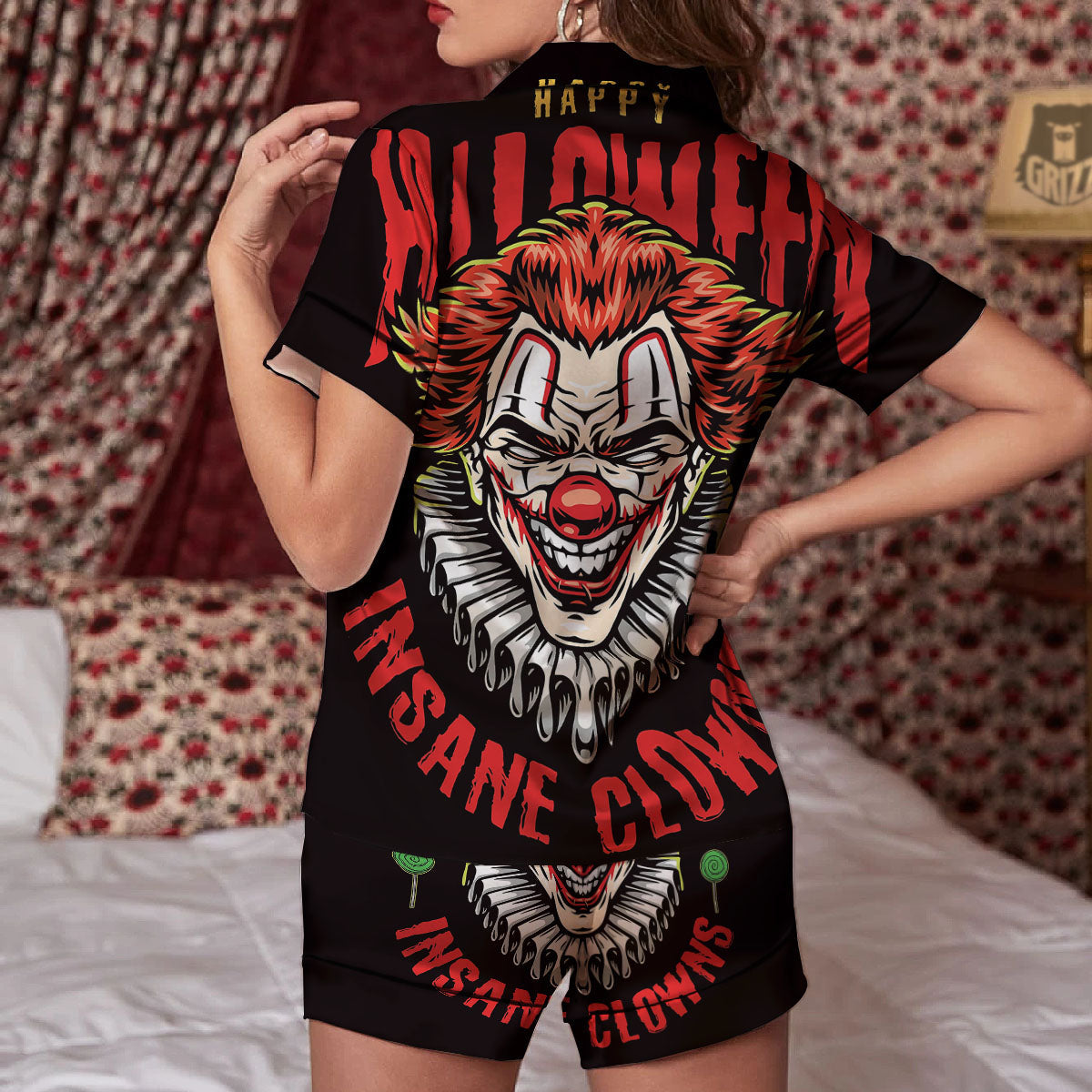 Clown Halloween Print Women Silk Pajamas-grizzshop