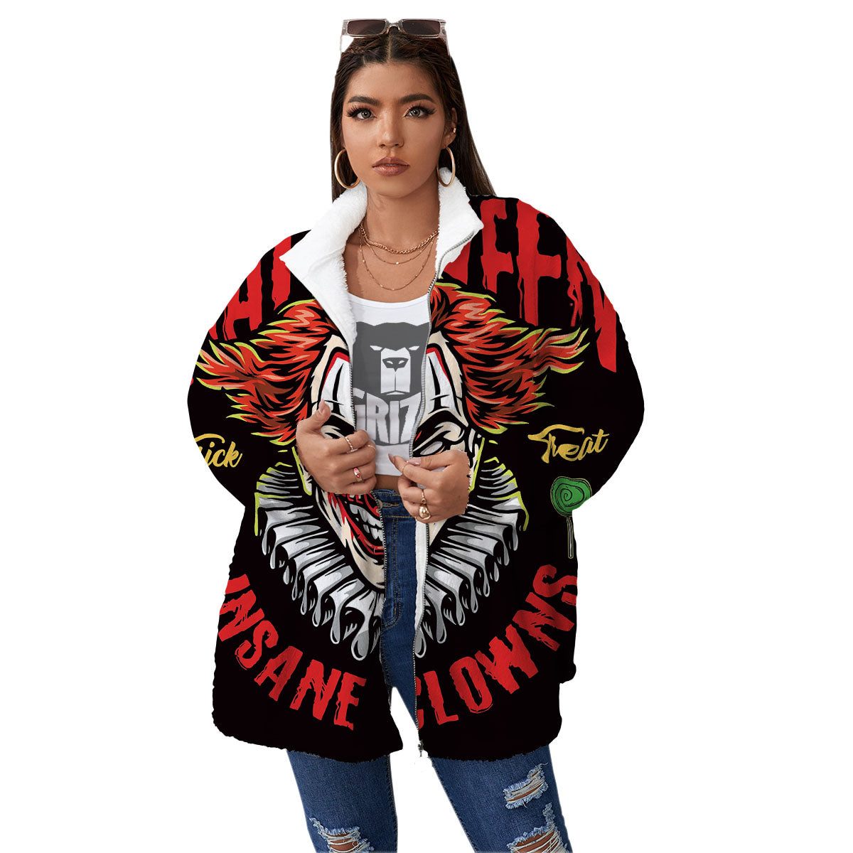 Clown Halloween Print Women's Sherpa Jacket-grizzshop