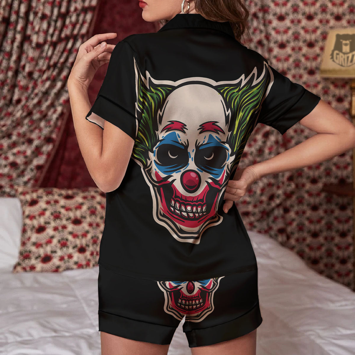 Clown Scary Cartoon Print Women Silk Pajamas-grizzshop