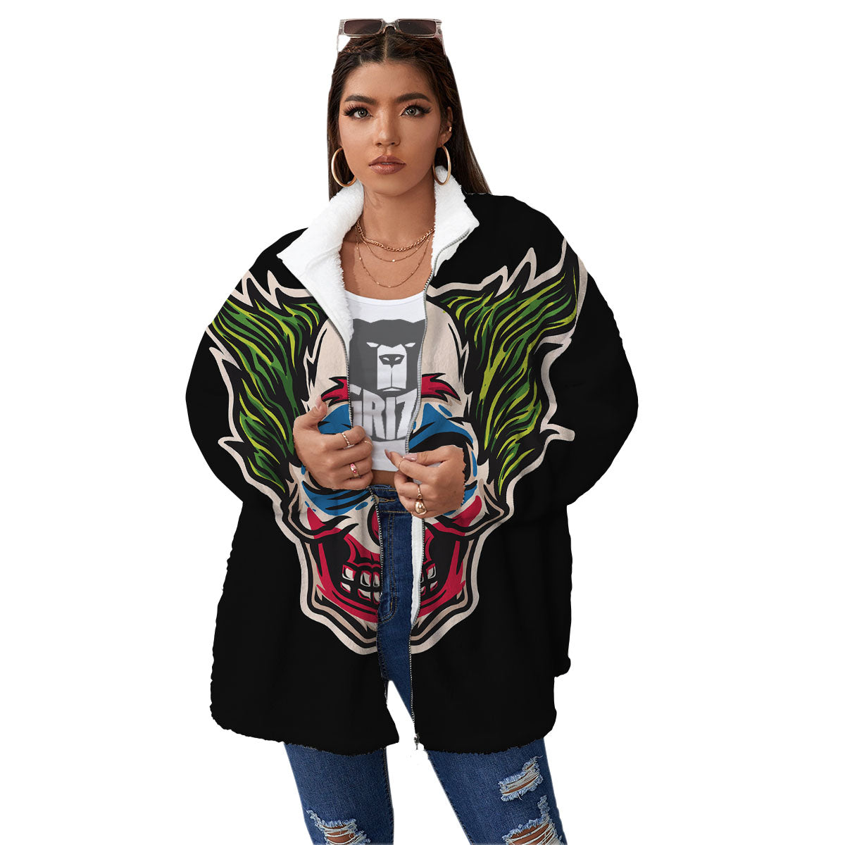Clown Scary Cartoon Print Women's Sherpa Jacket-grizzshop