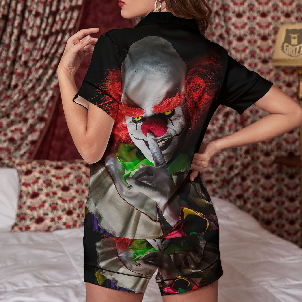 Clown Scary Print Women Silk Pajamas-grizzshop