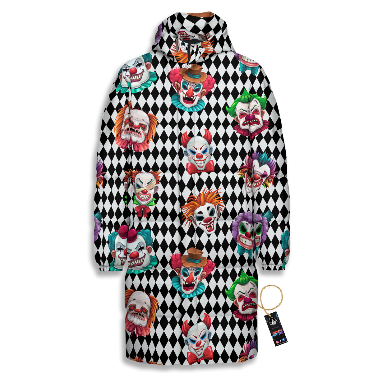 Clown Faces And Harlequin Black Print Pattern Long Down Jacket