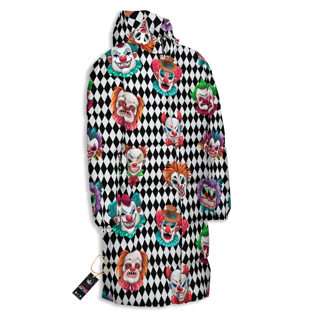 Clown Faces And Harlequin Black Print Pattern Long Down Jacket