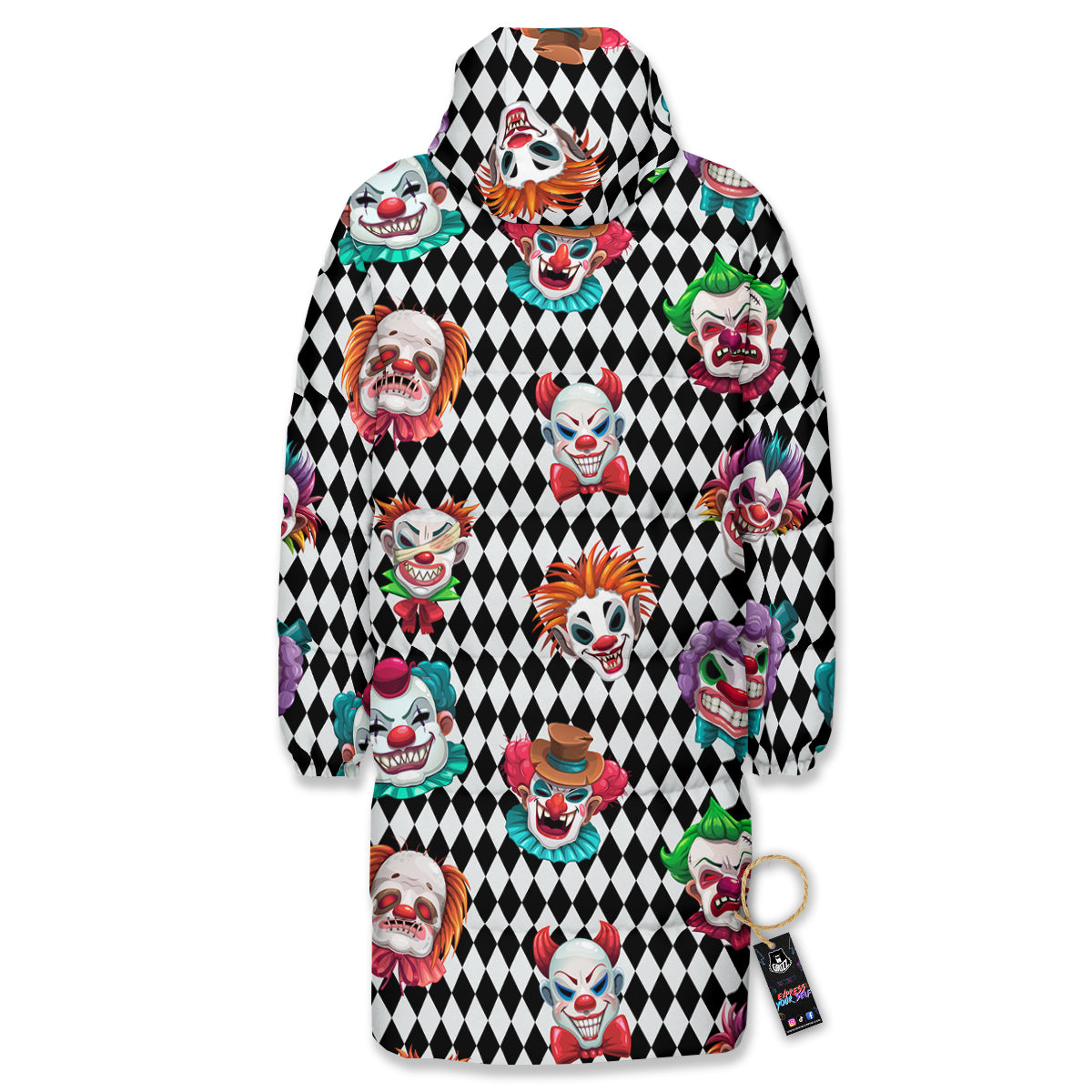 Clown Faces And Harlequin Black Print Pattern Long Down Jacket
