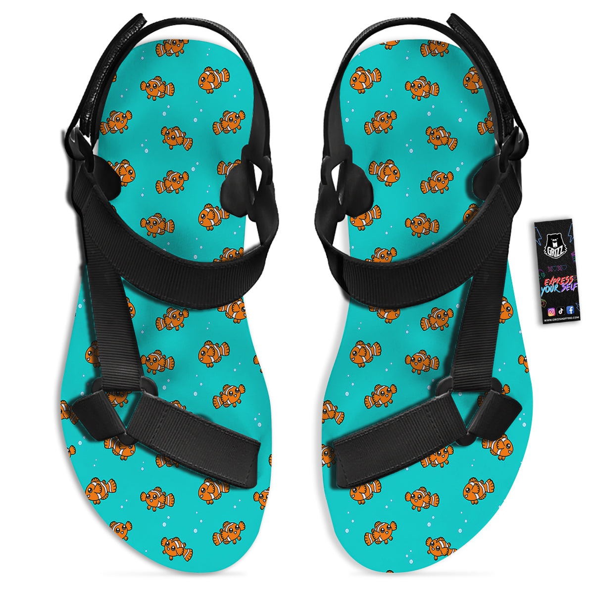 Clownfish Cute Watercolor Blue Print Pattern Black Open Toe Sandals-grizzshop