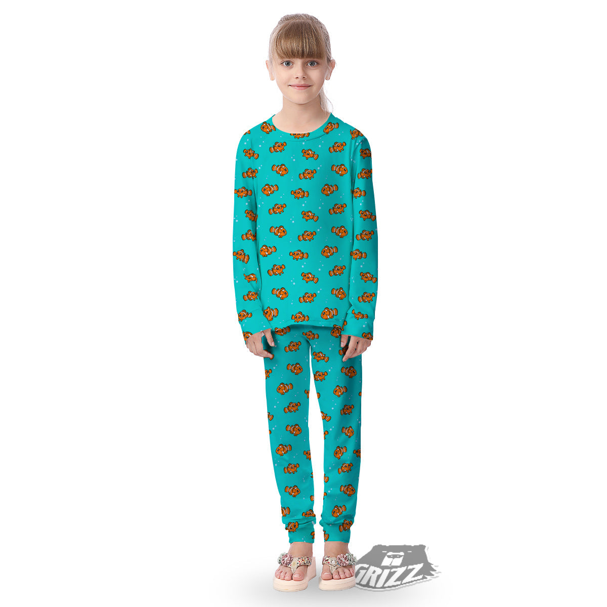 Clownfish Cute Watercolor Blue Print Pattern Kid's Pajamas-grizzshop