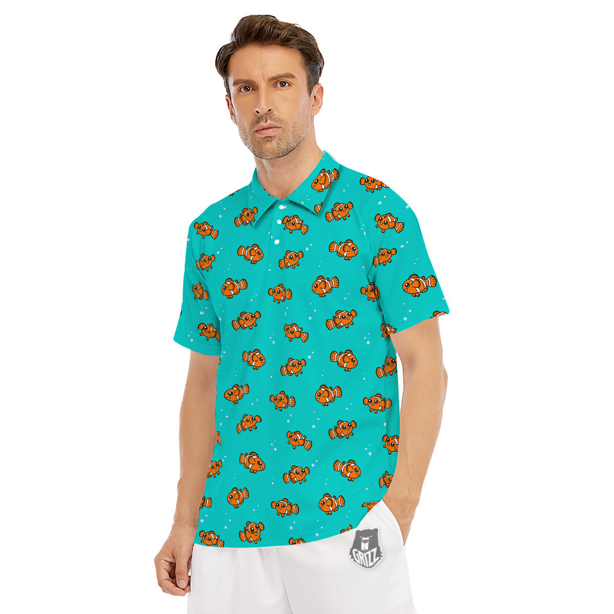 Clownfish Cute Watercolor Blue Print Pattern Men's Golf Shirts-grizzshop