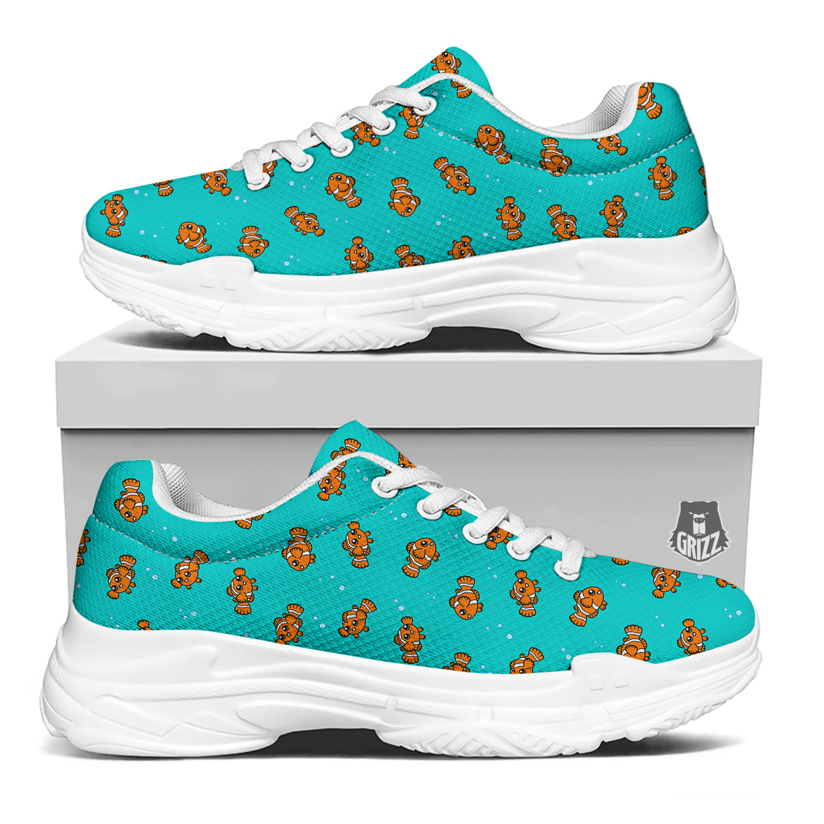 Clownfish Cute Watercolor Blue Print Pattern White Chunky Shoes-grizzshop
