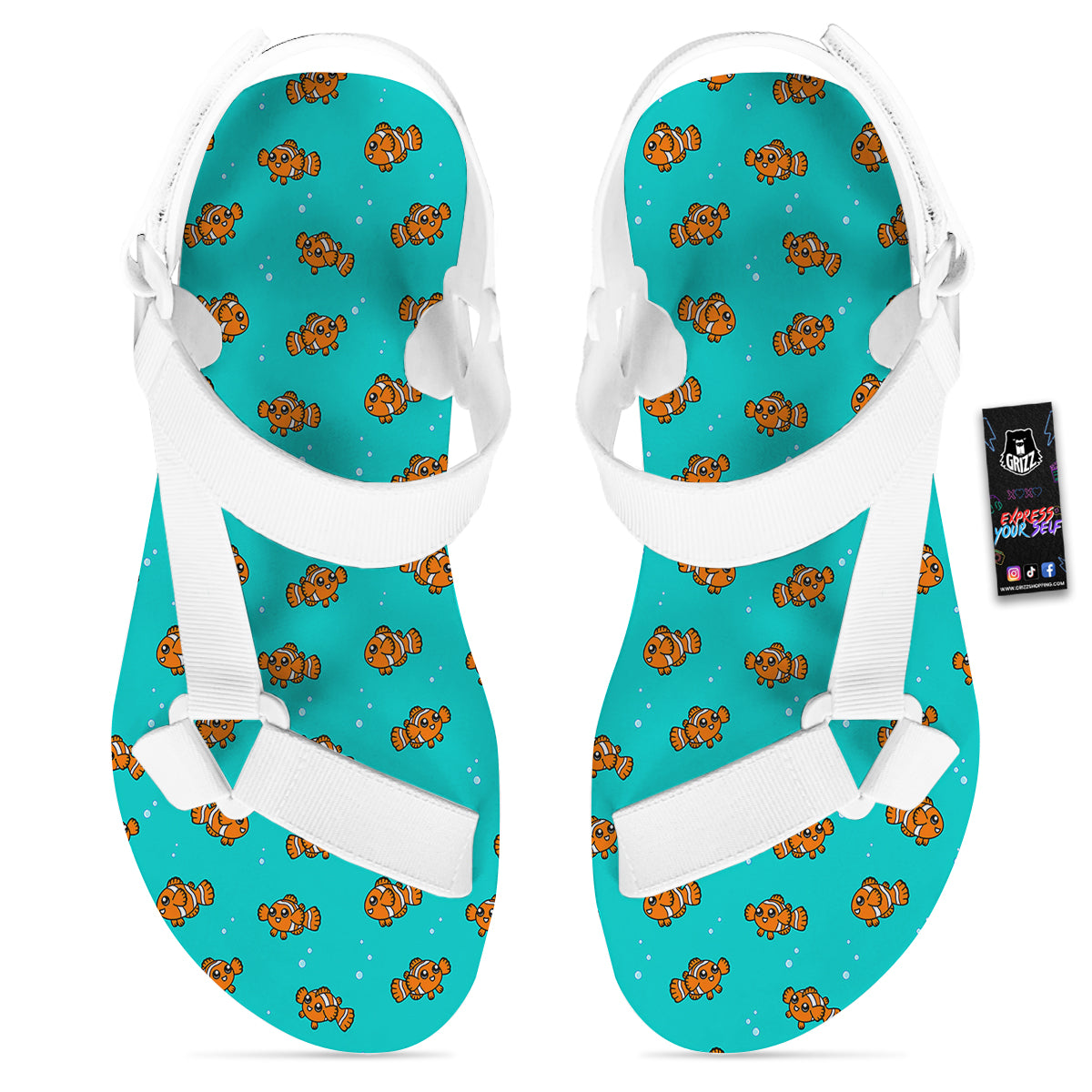 Clownfish Cute Watercolor Blue Print Pattern White Open Toe Sandals-grizzshop