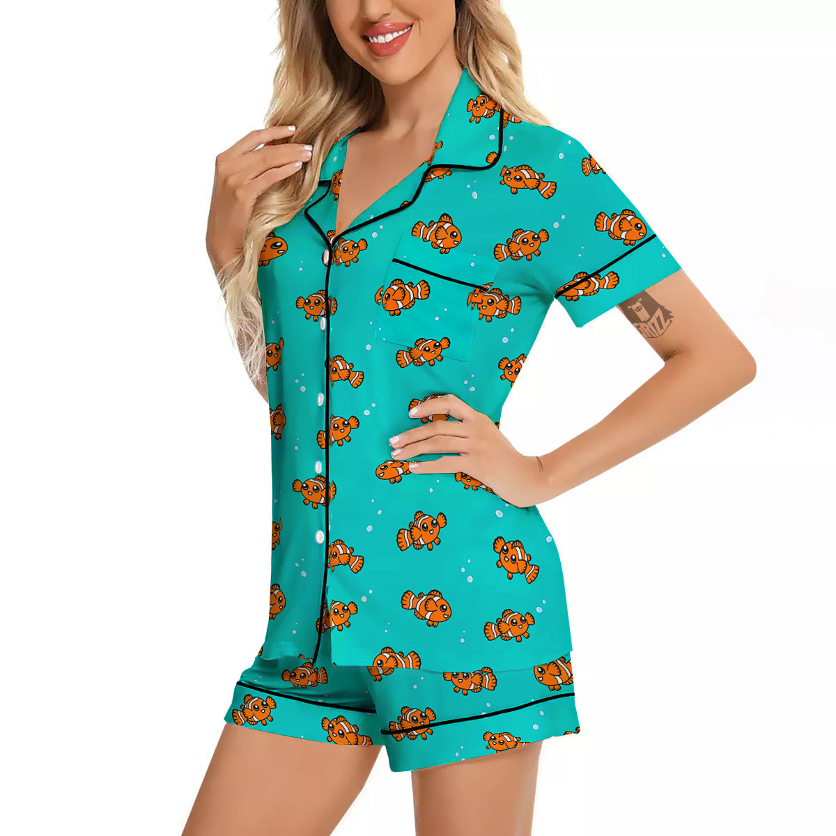 Clownfish Cute Watercolor Blue Print Pattern Women Silk Pajamas-grizzshop