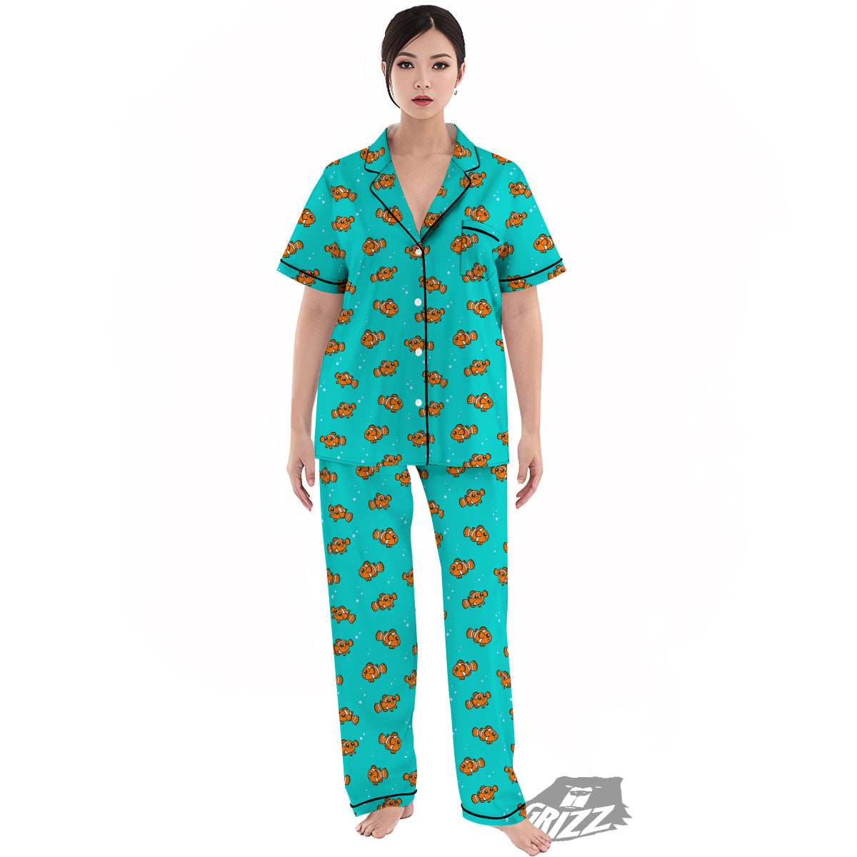 Clownfish Cute Watercolor Blue Print Pattern Women's Pajamas Set-grizzshop