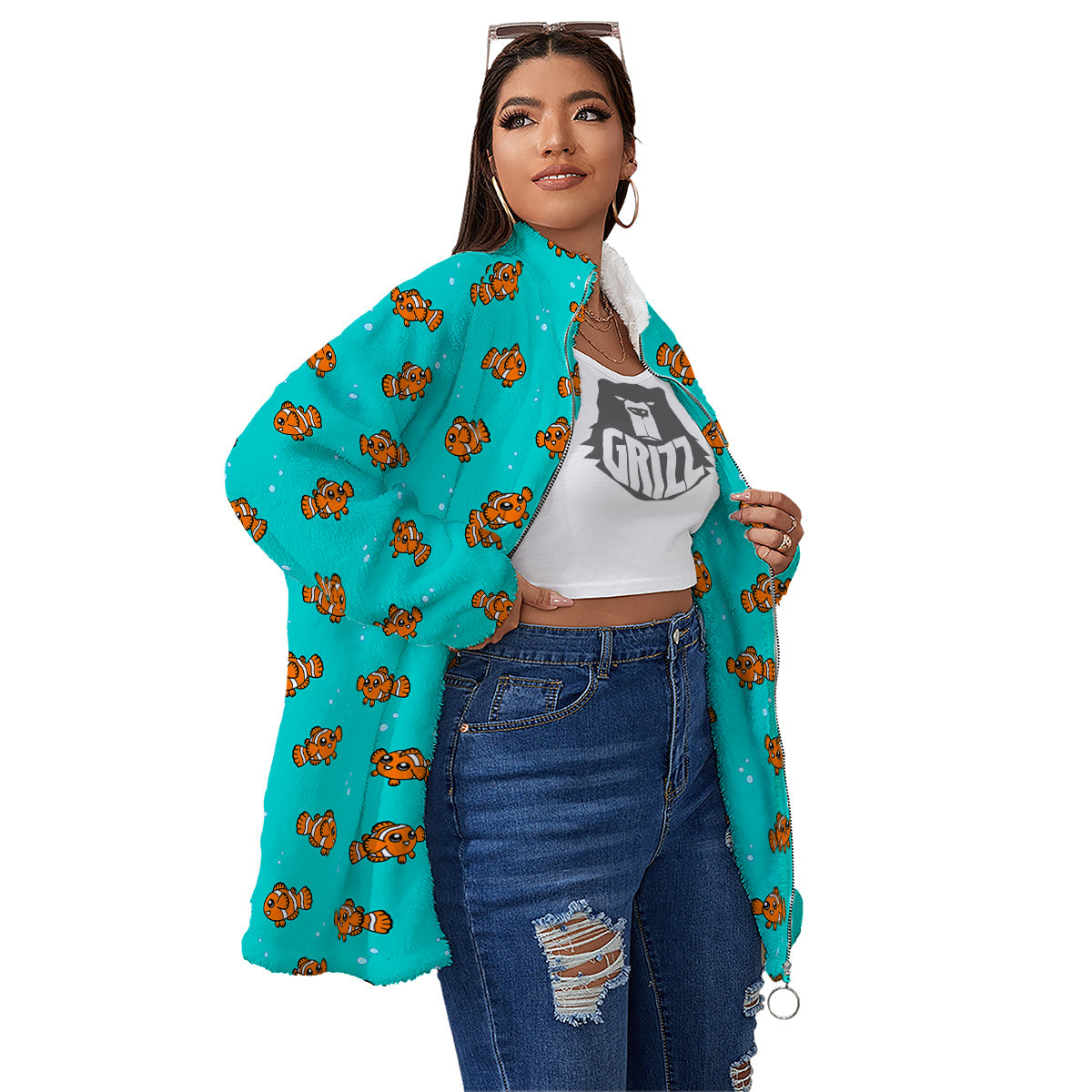 Clownfish Cute Watercolor Blue Print Pattern Women's Sherpa Jacket-grizzshop