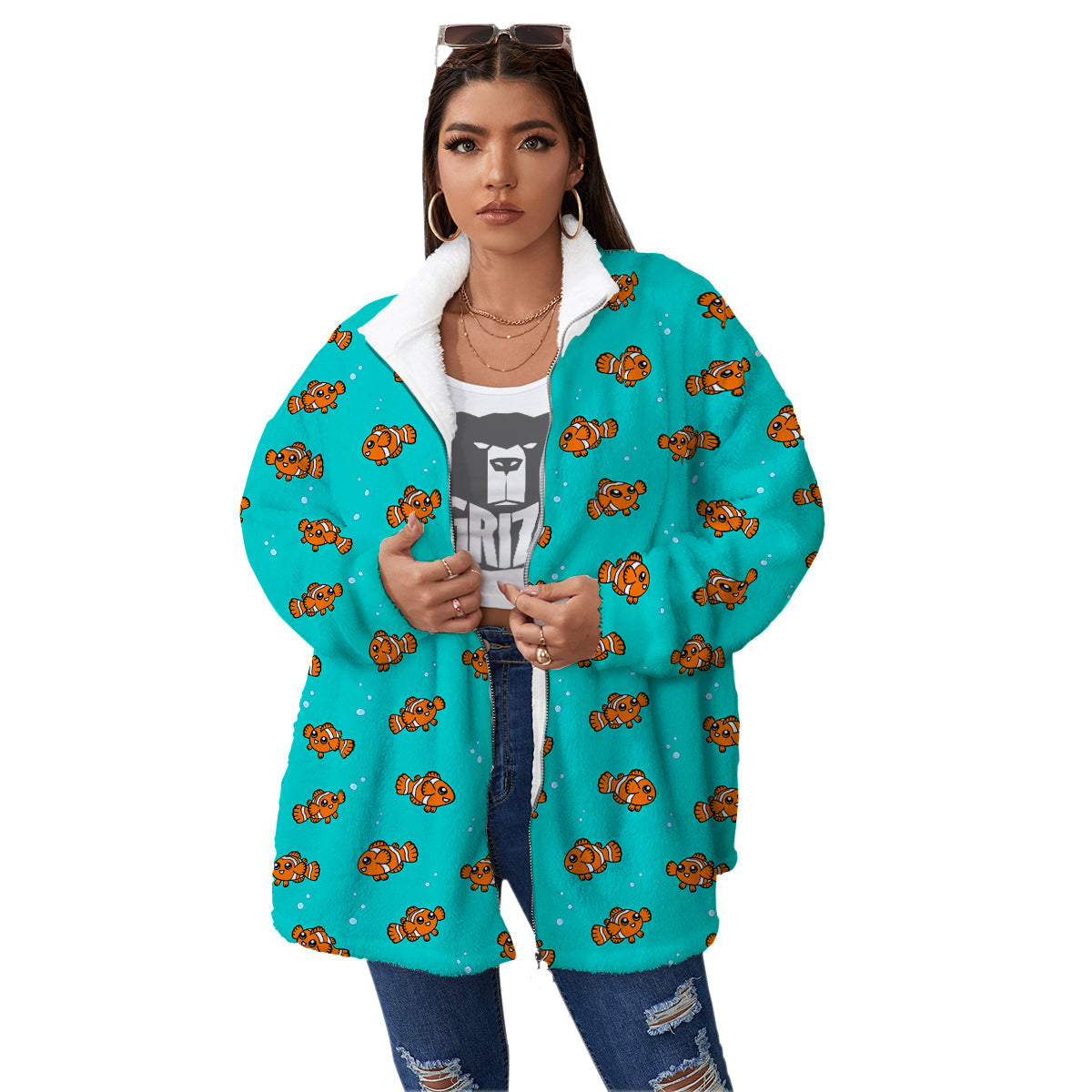 Clownfish Cute Watercolor Blue Print Pattern Women's Sherpa Jacket-grizzshop