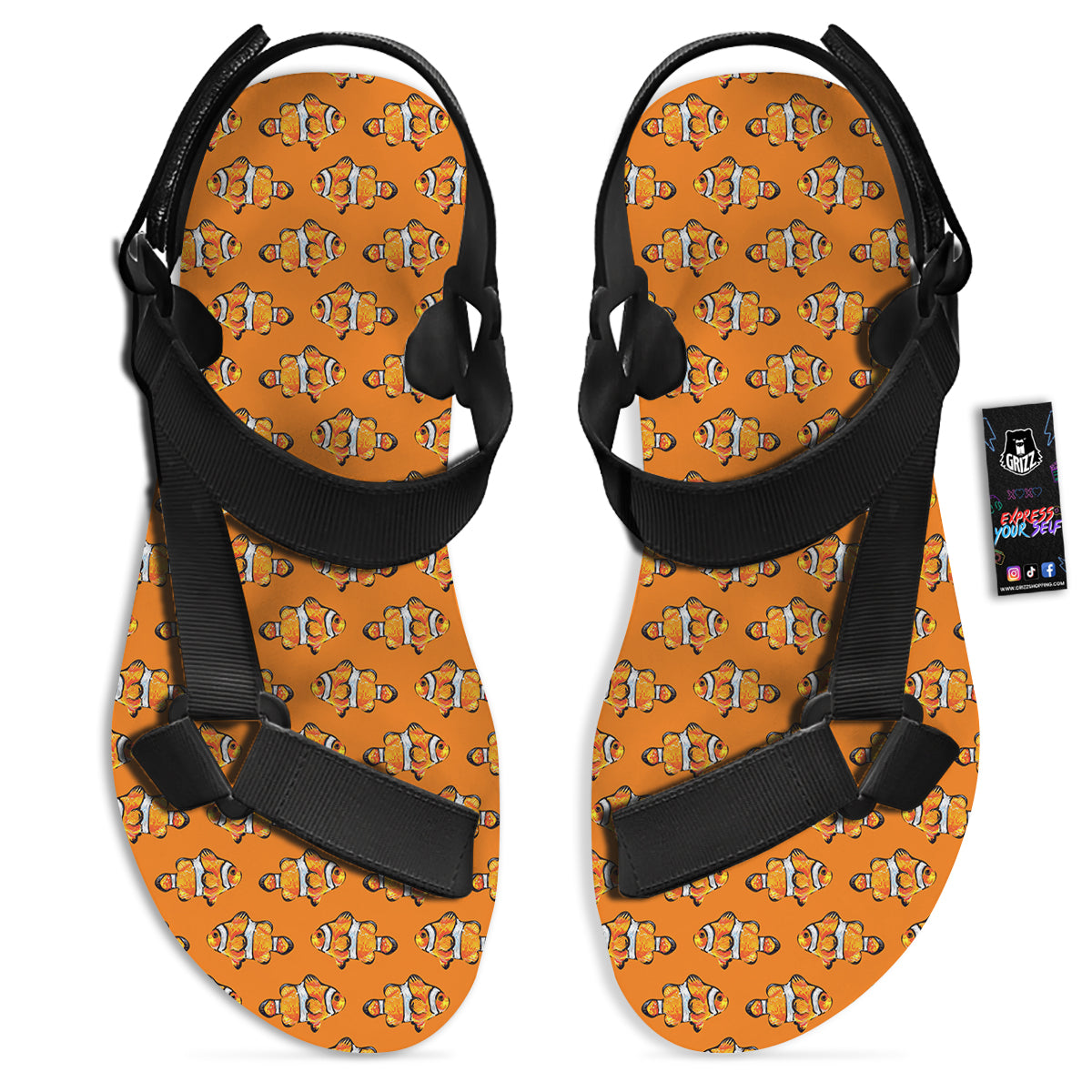 Clownfish Orange Print Pattern Black Open Toe Sandals-grizzshop